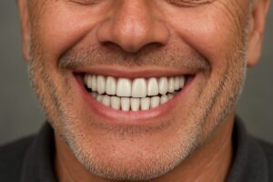 Image of a patient smiling with a full set of dental implants. Focus on the teeth, showing natural-looking and healthy gums. No text on image.
