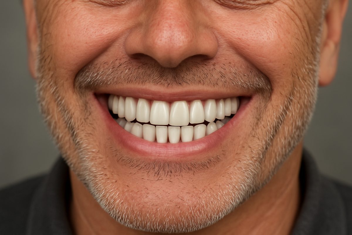 Image of a patient smiling with a full set of dental implants. Focus on the teeth, showing natural-looking and healthy gums. No text on image.