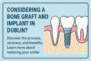 An animated illustration depicting a dentist explaining the bone graft and implant process to a patient, with a 3D scan of the jawbone visible on a screen in the background. No text on the image.
